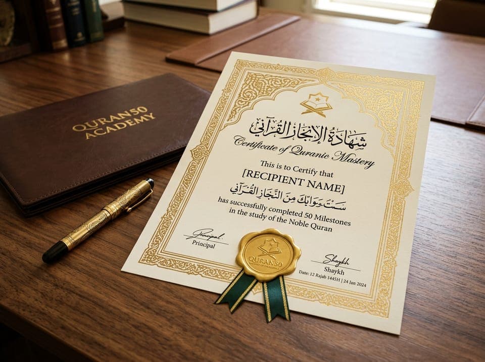 Official Quran50 Academy Certificate of Quranic Mastery and Graduation Diploma with gold wax seal