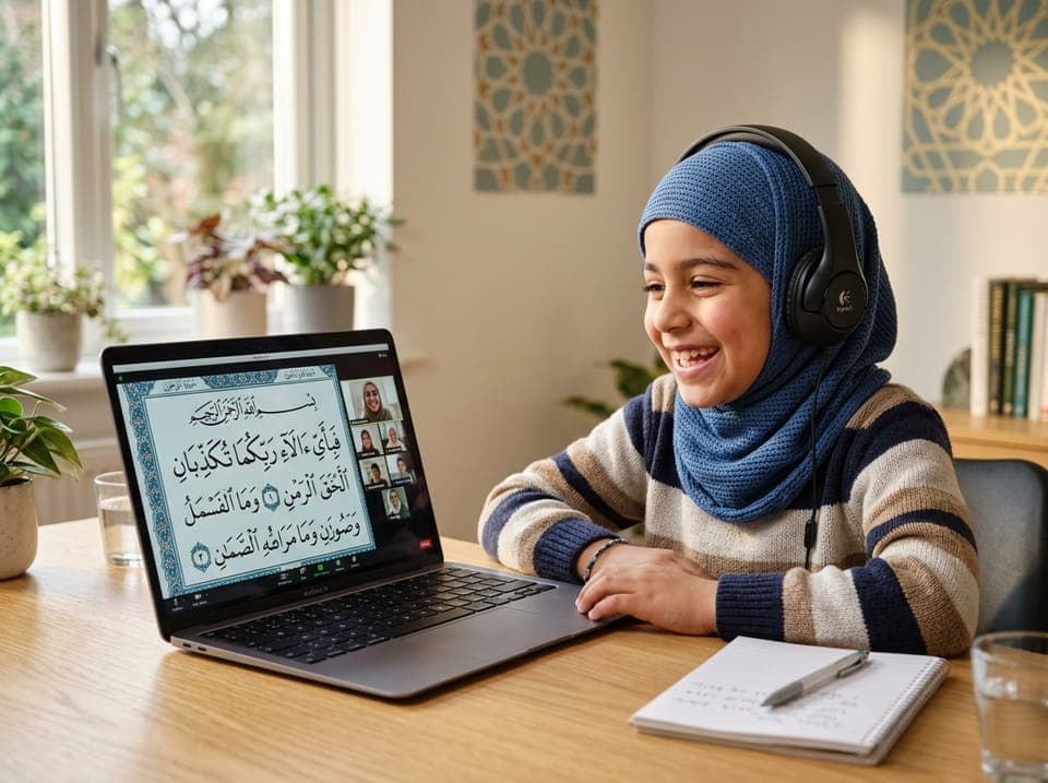 Smiling student learning Quran online in interactive 1-on-1 class with Quran50 Academy