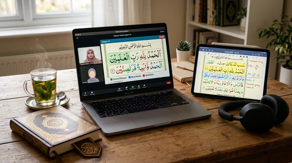 Interactive online Quran learning environment with digital Noorani Qaida, stylus annotations, and headphones